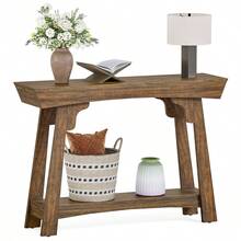 LITTLE TREE Mesa consola de 105 cm con almacenaje, mesa de entrada de madera de 2 niveles con estante, mesa de sofá estrecha de estilo rústico detrás del sofá para vestíbulo, pasillo, sala de estar, marrón rústico - Marrón - Ver 8