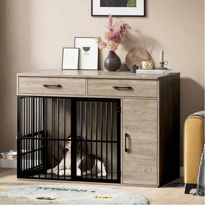 Dog Crate Furniture, Large Wooden Dog Crate With Drawers, Side Cabinet & 360°Rotating Bowls, Indoor Heavy Duty Dog Kennel With Double Doors, End Table Style, 120x60x86cm- Grey