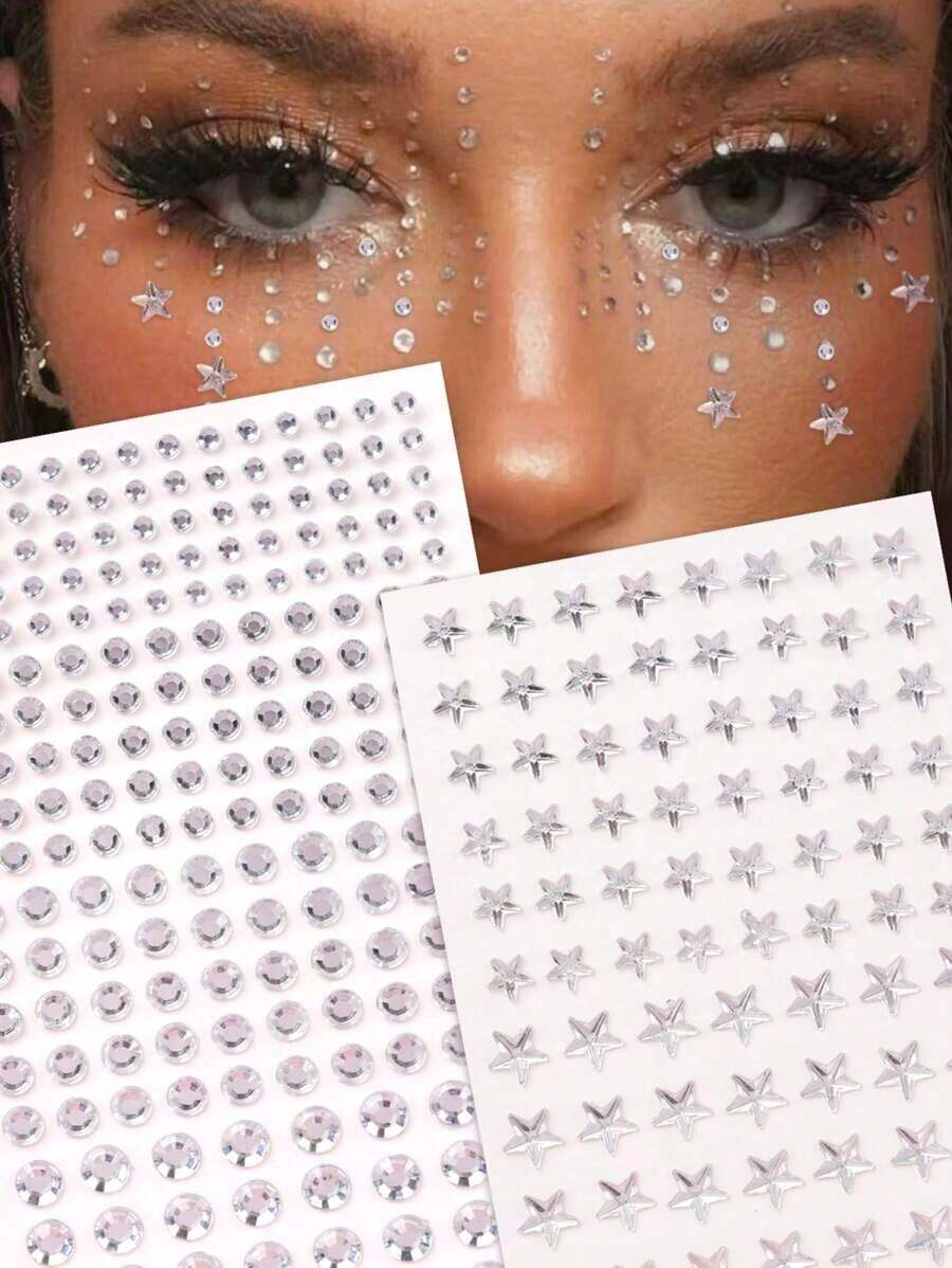 2pcs 3d Silver White Five-Pointed Star Rhinestone Eye & Face Sticker, Diy Makeup Accessory For Music Festival, Y2k Party - White - View 1