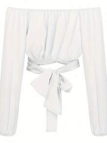 Cropped Feminino de Cor Sólida com Cruzado nas Costas - Ombro à Mostra, Manga Longa, Tecido Elástico, Comprimento Regular, Top Sexy, Adequado para Estilo Fofo/Y2K - Perfeito para Verão Branco de Outono - Branco - Visão 3