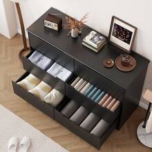 Tocador de 6 cajones, mueble de dormitorio con dispositivo antivuelco, cómoda moderna de madera con tiradores recortados, cómoda decorativa con rieles de guía suaves y patas de apoyo grandes para sala de estar, entrada. - Negro - Ver 3