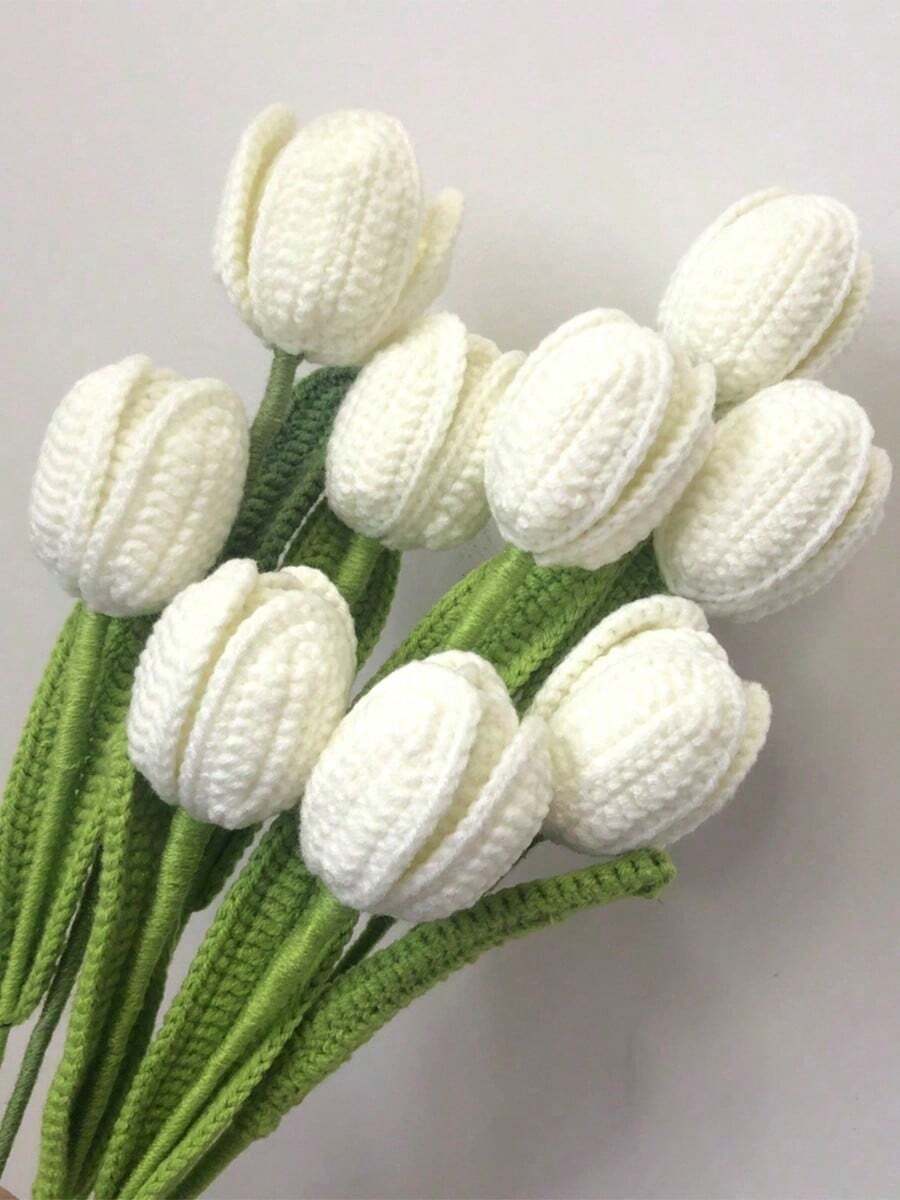 6 Pack Fake Tulips Artificial Flower Bouquet For Decoration, Tulip Crochet Flowers Bouquet For Table Decor, Handmade Knitted Tulip Flower With Stem & Leaf, Tulip Forever Flower - 樣式 1 - 查看 1