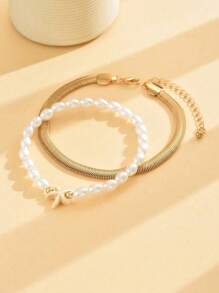 2pcs Set Snake Chain Starfish Decor Gold Anklet, Simple White Round Faux Pearl Adjustable Handcraft Multilayer Beach Anklet For Women, Daily & Holiday Wear