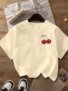 女装夏季新款简约樱桃与口号印花休闲度假风宽松百搭圆领短袖T恤时尚日常上衣适合日常度假穿着。 - 杏色 - 查看 9