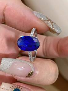 Stylever 1枚925纯银12*8毫米四爪镶嵌椭圆形立方氧化锆戒指，女士时尚结婚周年纪念礼物，精致首饰，日常装饰 - 藍色石 - 查看 3