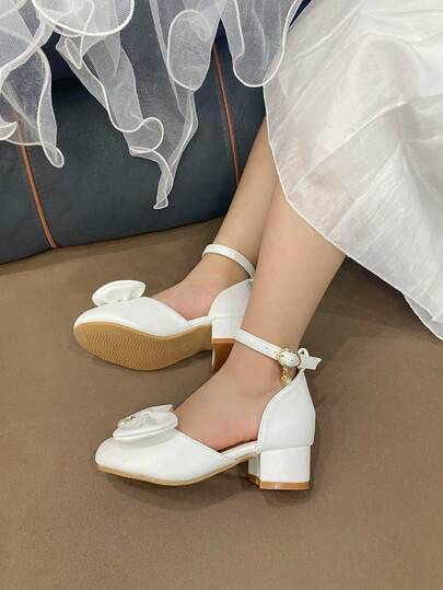 1 Đôi giày cao gót màu trắng dễ thương cho bé gái mũi tròn, nơ thoải mái và mặt dây chuyền ngọc trai, thích hợp làm quà tặng sinh nhật cho bé gái, tiệc tùng, những dịp quan trọng, sân khấu âm nhạc