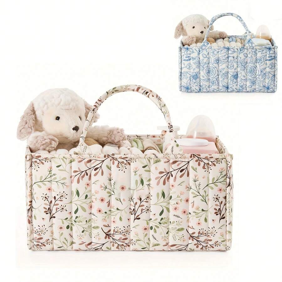 花卉图案尿布收纳篮，时尚婴儿房储物篮，婴儿派对礼物，必备清单，开学必备包，学习用品 - 彩色 - 查看 1