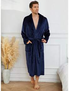 Mens Fleece Robe Plush Collar Shawl Bathrobehalloween - Navy - View 4