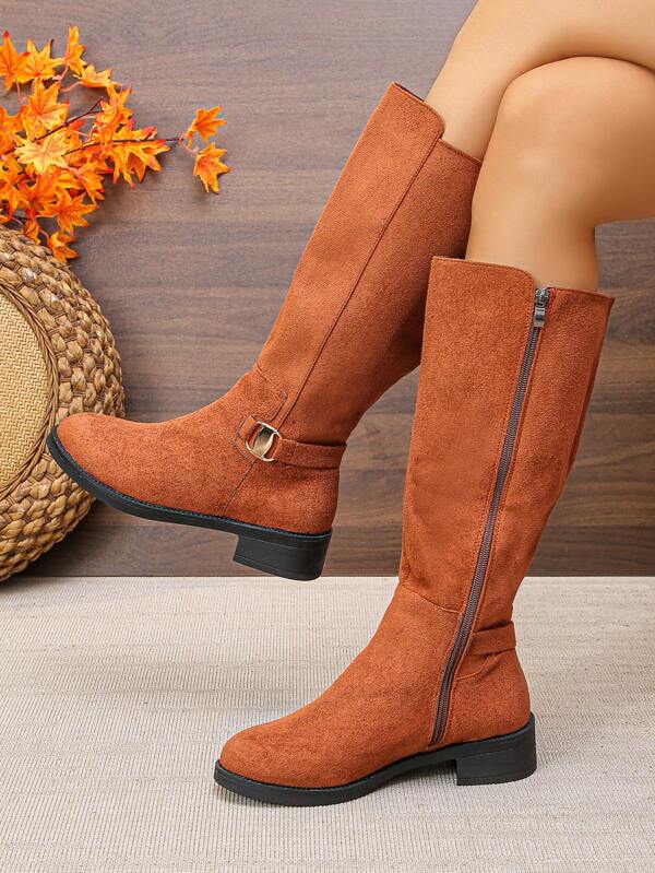 1 Pair Women Autumn/Winter New Fashion Retro Sexy Zipper High Boots, Round Toe Low Heel Slim Leg Boots