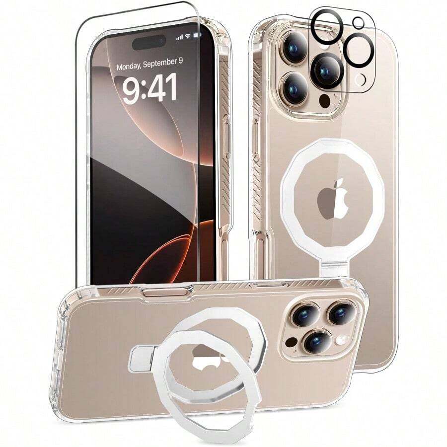 For IPhone 16 Pro Case With Screen Protector + Caera Lens Protector Builtin Sealess Stand [Copatible With AgSafe] Protective Shockproof Phone Case Cover For IPhone 16Pro Clear - 無色 - 查看 1