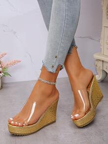 1 双女士新款舒适厚底粗跟透明一脚蹬露趾凉鞋，性感绳底夏季拖鞋