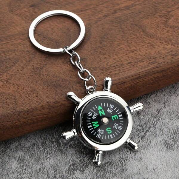 1pc Nautical Metal Compass Keychain - Ship Rudder Design With Polished Metal & Green Compass Rose, Durable Men's Fashion Accessory, Customizable Gift For Adventurers