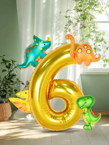 Set de 5 globos con temática de dinosaurio, que incluye globos de papel de aluminio con números dorados y verde salvia de 40 pulgadas + globos de papel de aluminio en miniatura con diseños de dinosaurios, perfectos para fiestas de cumpleaños y decoración con temática de dinosaurios - Multicolor - Ver 9