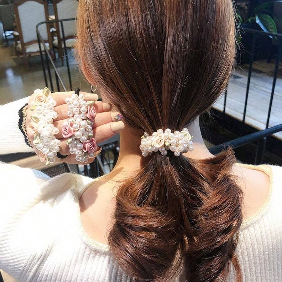 3件套新款花朵仿珍珠发圈，多功能发绳，女士马尾辫发圈，发圈橡皮筋，发绳，美发家居饰品 - 彩色 - 查看 1