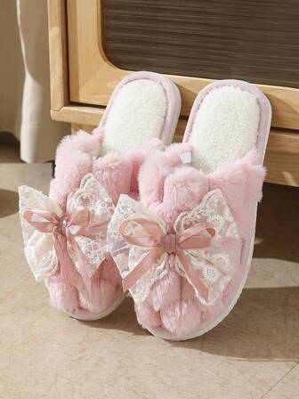 Autumn/Winter Velvet Lace Bow Slippers For Women,Soft Turtle Shell Texture, Anti-Slip Thick Sole Indoor/Outdoor Wear, Casual Unisex Slippers