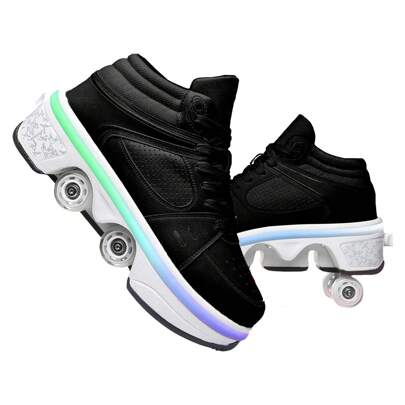 Man 2 In 1 Deformation Roller Shoes Black High Top Skating Shoes  Hidden Wheel Double-Row Transformable Lace-Up Roller Skates For Outdoor Unique Gift