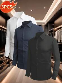 KIT3 Men's Solid Color Button Front Long Sleeve Dress Shirt - Nhiều màu - Xem 3