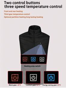 男士休闲纯色加热背心，9 个加热区，冬季防风无袖夹克