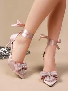 细高跟尖头水钻蝴蝶结透明仙女带法式凉鞋，春夏款，优雅女士高跟鞋，适合派对穿着 - 粉色 - 查看 4