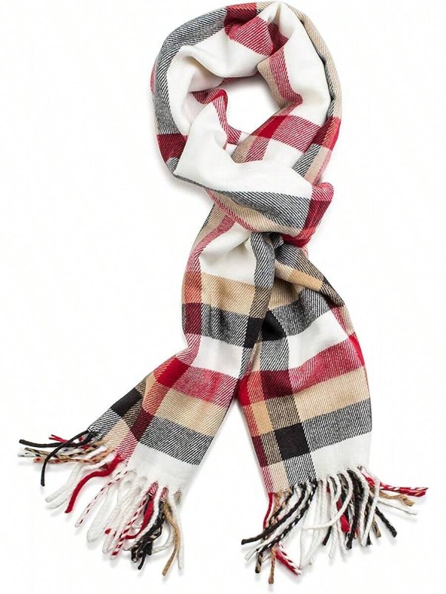 Soft Luxurious Classic Cashmere Feel Winter Scarf With Box, Cozy Warm Scarf - White Red Plaid Gift - View 1