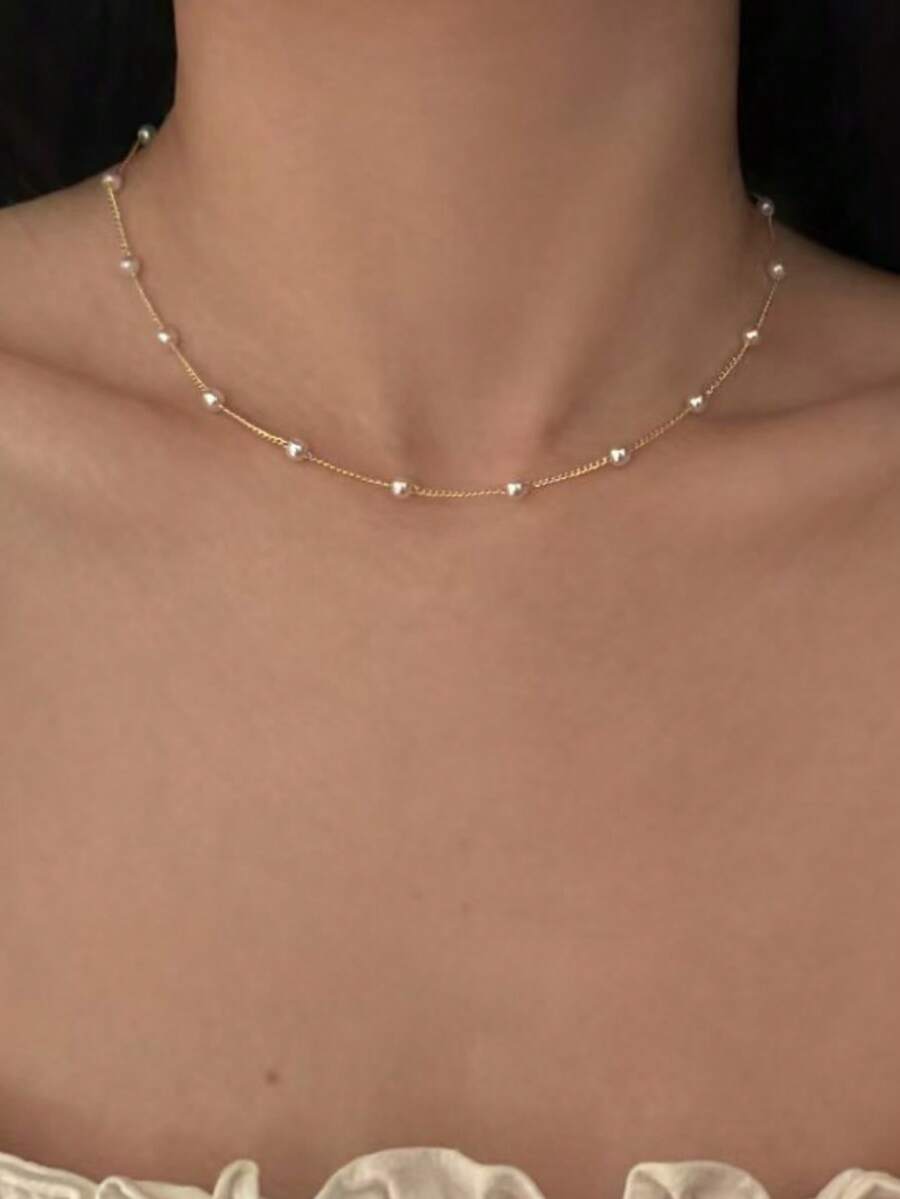 Pcs 18k Gold Plated Beaded Pearl Necklace,Cheap Statement Beaded Necklace Boho Jewelry Charm Necklace J Fashion Choker Summer Beach Western Jewelry Women Accessories Women Ollares Suitable For Daily Wear And Holiday Gifts For Friends - Necklace - View 1