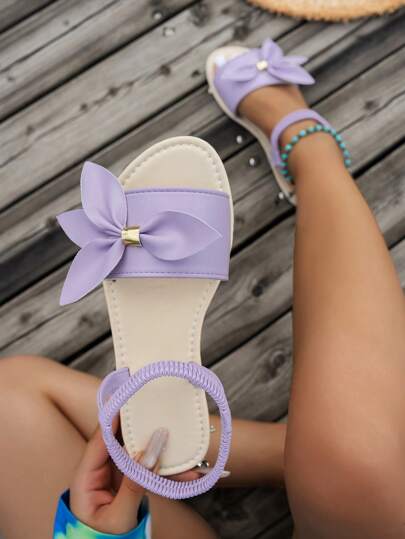Women's Round Toe Flat Sandals With Strap Tree Leaves & Bow Design, Comfortable Versatile Casual Beach Holiday Style