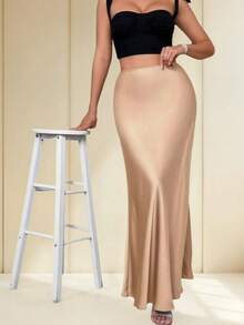 Simple Plain Satin Long Skirt For Daily Use And Elegant With Zipper Beachwear - Beige - View 1