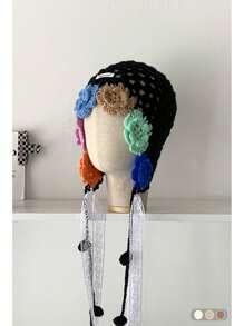 1pc Handmade Crocheted Tassel Tie Hollow Breathable Knitted Beanie Hat For Women, Colorful Floral Pattern, Large Size Fits All, Warm Ear Protection, Casual Versatile Knit Cap For Autumn/Winter