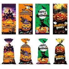 50pcs OPP Transparent Halloween Candy Bags Set, Pumpkin & Witch Halloween Elements Colorful Printed Gift Packaging Bags, Ribbons For Party Favors