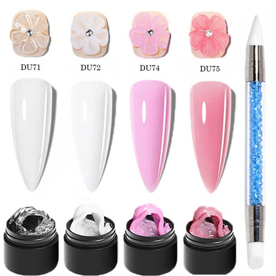 Mtssii 4pcs Non-Stick Hand Solid Nail Extension Gel Set With Flower Molds Sculpting Brush-Clear White Pink Prolong Hard Gel 3D Carving Flower Nail Art Shaping Gel Rhinestone Glue Gel Easy To Operate Gift For Home Salon Manicure Kit Nail Supplies Nails - 彩色 - 查看 1