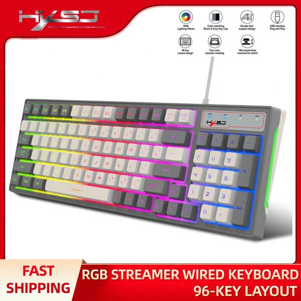 The Wired Keyboard With 96 Keys, A Gray And White Color Combination Game Keyboard, And RGB Backlighting Are Suitable For PC Computers, Office Use, And Home Use