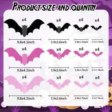 48pcs Pink Bat Decorations - 3D Bat Wall Stickers, 4 Sizes, Reusable For DIY, Bathroom, Bar, Office, Indoor, Halloween Party Supplies, Home Decor Fall Autumn,Christmas