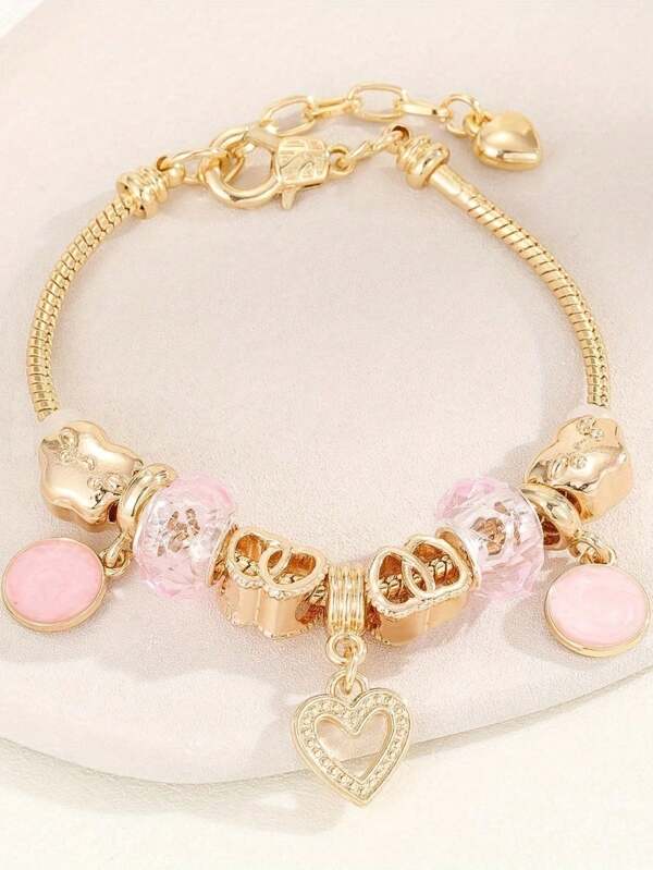 1pc Lovely Pink Heart Pendant Copper Bracelet With Shiny Resin Beads - Handmade Elegant Jewelry For Women, Delicate Hollow Design, Adjustable Chain, A Perfect Gift