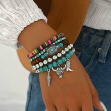 10pcs/20pcs/30pcs Bohemian Western Cowboy Style Turquoise Beaded Elastic Bracelet Set