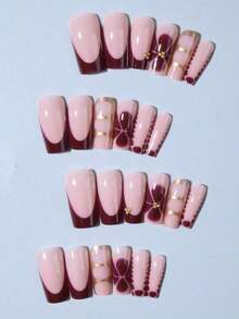 Elevate Your Style With, 24Pcs/Set Long Coffin Flower Nails Design French Tip Press On Nails Tips Chic Minimalist Style - Reusable Design Fake Nail,Contain 1Pc Jelly Glue And 1Pc Nail File, Acrylic Fake Nails For Women And Girls, Daily Life And Party Use Nail Supplies Nails-Halloween,Christmas,Fall,Winter, Supplies, - Nhiều màu - Xem 4