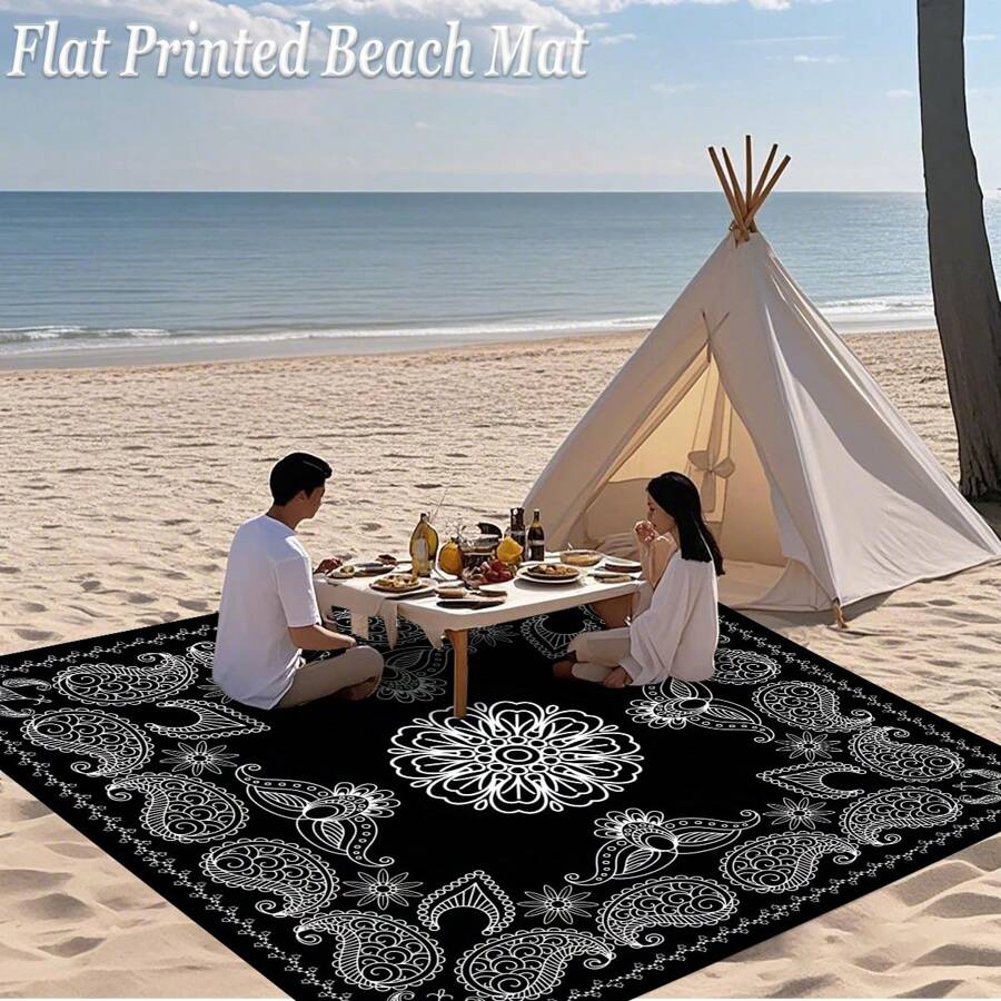 1pc Lightweight Portable Paisley Printed Beach Mat, Single-Sided High-Definition Printing, Fade-Resistant, High-Strength Coated Fabric, Wrinkle-Resistant, Easy To Clean, Anti-Tear, Comes With 4 Fixed Pegs, Windproof And Reinforced, Large Size Suitable For 2-8 People, Personalized Outdoor Gear, For Outdoor Leisure, Camping, Picnic, Temporary Ground Mat