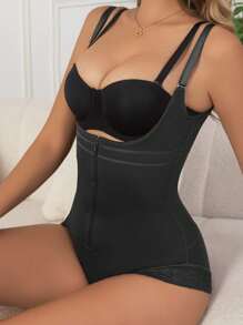 1pc U-Plunge Front Zipper Shapewear Women's Adjustable Waist Trainer Postpartum Tummy Control Body Shaper Butt Lifter Bodysuit