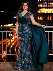 Plus Size Women's High Quality Colorful Embroidered Sequin Patchwork Fitted Cap Sleeve Elegant Sophisticated Party Formal Evening Gown Dress With Luxury V-Neck & Hanging Ribbons (Heavy Workmanship) - 水鴨藍 - 查看 5