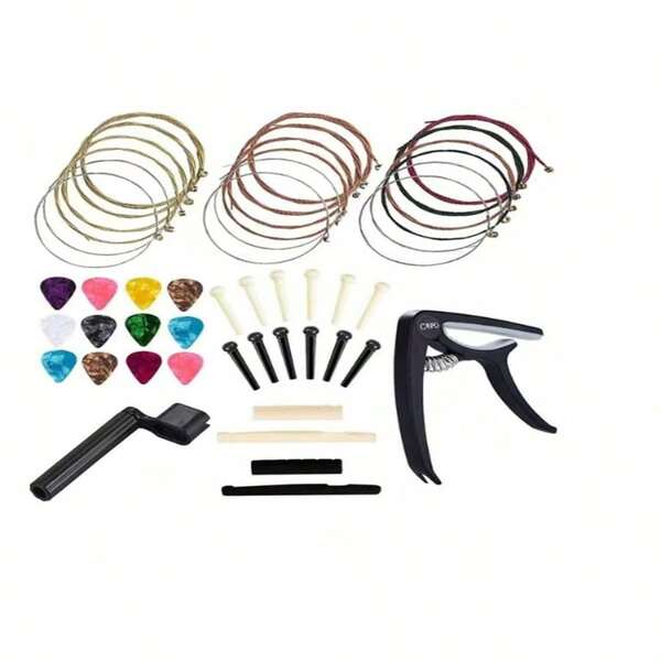 Kit de 48 piezas de accesorios para guitarra, herramienta de cambio de guitarra acústica, que incluye cuerdas acústicas, púas de guitarra, capo, enrollador y cortador de cuerdas, afinador, huesos de guitarra, para guitarristas y principiantes de guitarra