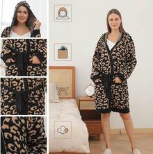 Bearberry Hooded Robe Cozy Leopard Robe Lightweight Soft Plush Bathrobe With Pockets For Women - Macan Tutul - View 10