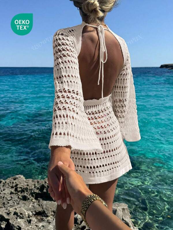 Rochie de plajă pentru femei, primăvară-vară, boemă, sexy, scobită, spate fără mâneci lungi, croșetată, acoperită, rochie de vară