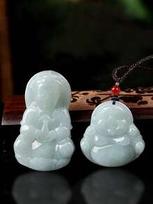 天然 A 级翡翠风水观音佛像吊坠项链，冰种翡翠石吊坠，时尚男女通用幸运护身符项链，夏季畅销商品 - 淺綠色 - 查看 5