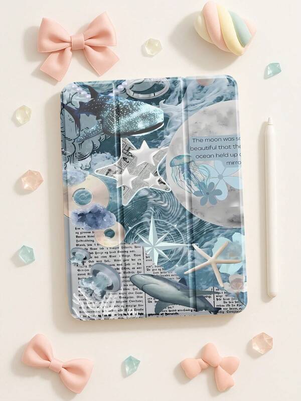 Beautiful Blue Turtle Jellyfish Shark Puzzle Style Pattern Transparent Silicone Shock-Absorbing Stand With Pen Slot, Suitable For Galaxy Tab A8 10.5, S6 Lite 10.4, S7/S8/S9Inch. It Supports Sleep Awakening As A Holiday Gift