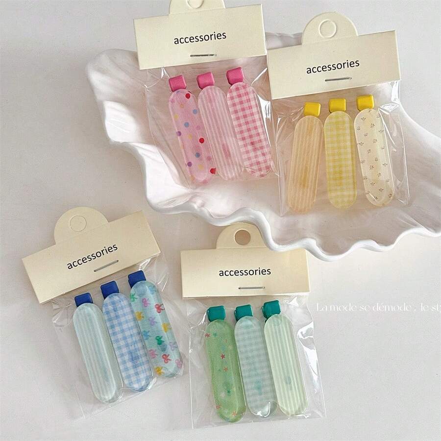 1 套果冻色格子发夹 - 甜美鸭嘴刘海侧夹 - 少女妆发夹头饰、发型、发饰、发饰 - 彩色 - 查看 1