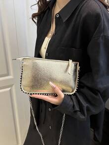 Leopard Print Women's Handbag, New Fashionable Charming Lady Style Shoulder Bag, Beaded Crossbody Clutch - Rose Gold - View 4