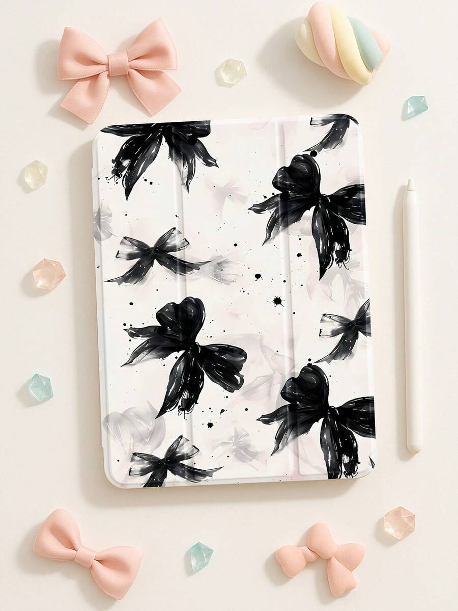 精美黑色蝴蝶结图案透明硅胶减震支架,带笔槽,适用于 Galaxy Tab A8 10.5、S6 Lite 10.4、S7/S8/S9 英寸。支持睡眠唤醒,可作为节日礼物 - 彩色 - 查看 1