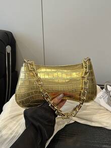 Bolso de mano tipo baguette con cadena gruesa dorada y estampado de cocodrilo para mujer - Dorado - Ver 10