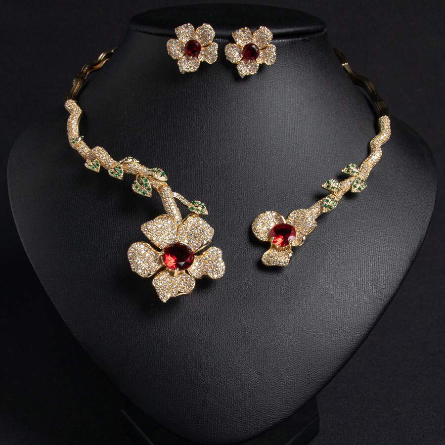 Conjunto de Joias de Moda Feminina 1 set/3 peças, em forma de flor, brincos e colar femininos | Conjunto combinável, adequado para férias femininas | Festa | Presente