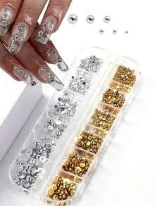 12 Grids Half Round Gold+Silver Pearls Nail Charms Metallic Flat-Back Beads Ball Mixed Size Nail Pearls Nail Gems Nail Supplies Nails - Vàng - Xem 6