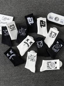 5/12/20 双随机混合男女通用涂鸦、搞笑脸、魔鬼印花休闲中筒袜、舒适透气中筒袜、运动袜、篮球袜、足球袜、短袜、黑袜、白袜